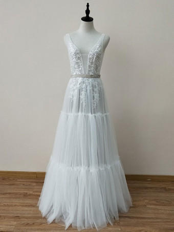 Marfil   Vestidos de novia Boho Una línea de cuello en V profundo Hasta el suelo Encaje sin mangas Vestidos de novia sin espalda