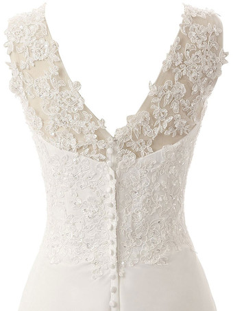 Vestido de novia Una línea Cuello en V Sin mangas Encaje Flora Vestidos de novia con cuentas con tren