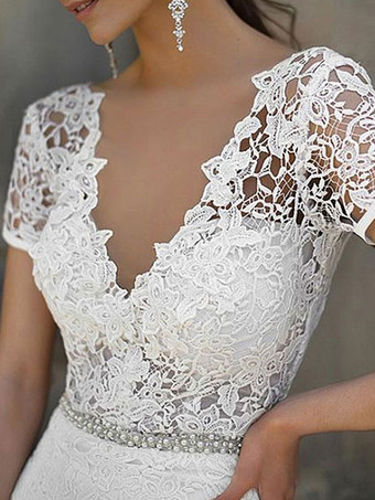 Einfaches Brautkleid Meerjungfrau Spitze V-Ausschnitt mit kurzen Ärmeln Perlen Schärpe Brautkleider mit Schleppe