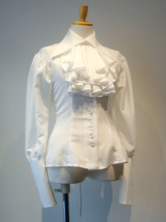 ホワイト ゴシックロリータブラウス 長袖フリル ロリータトップ ロリータシャツ 黒