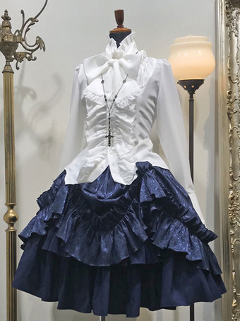 ディープブルーゴシックロリータドレスSKホワイトレースアップフリルロリータスカート
