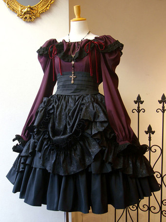 ブラック ゴシックロリータドレスSKホワイトレースアップフリルロリータスカート