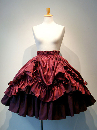 ダークレッドゴシックロリータドレスSKホワイトレースアップフリルロリータスカート