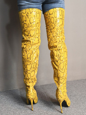 ニーハイブーツ イエロー ロングブーツ ピンヒール シューズ レディースブーツ 12cm PU ポインテッドトゥ ヘビ柄 カジュアル ファッション レディース靴