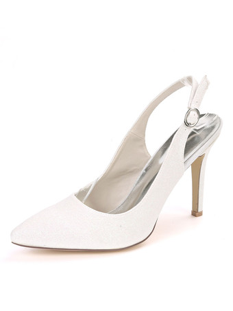 ホワイト レディースキラキライブニングシューズスリングバックハイヒールパーティーシューズシルバーポインテッドトゥ