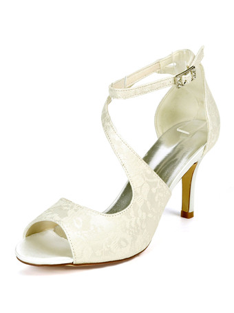 アイボリー エレガントなブライダルシューズホワイトレースオープントゥスチレットヒールウェディングシューズ