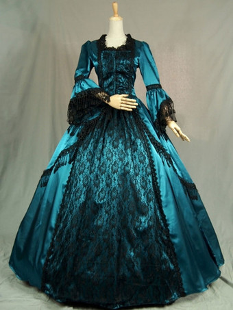 Victorian Dress Costume Prom Dress Long Sleeves Teal Ruffles Silk Long Sleeves Lace Dress Victorian era Style Masquerade Ball Gown Retro Dress