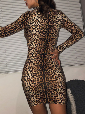 タイトワンピース ブラウン ミニドレス カジュアル ヒョウ柄 レディースファッション 長袖 ショート／ミニ ハイネック ポリエステル レディースワンピース ボディコン