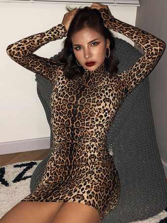 Vestidos Bodycon sexy Estampa de leopardo Gola alta Manga comprida Mini vestido