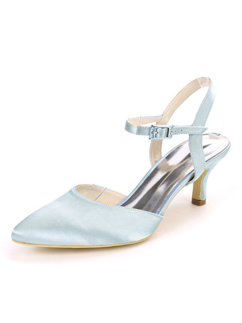 シルバー ウェディングシューズイブニングシューズサテン尖ったつま先子猫ヒールブライダルシューズ