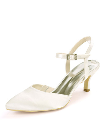 アイボリー ウェディングシューズイブニングシューズサテン尖ったつま先子猫ヒールブライダルシューズ