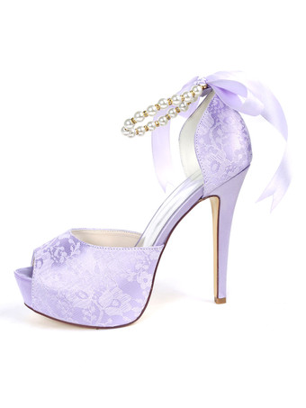 結婚式の靴プラットフォームレースのぞき見つま先真珠4.9 "ブライダルシューズ