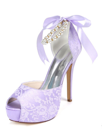 ライラックカラー結婚式の靴プラットフォームレースのぞき見つま先真珠4.9 "ブライダルシューズ