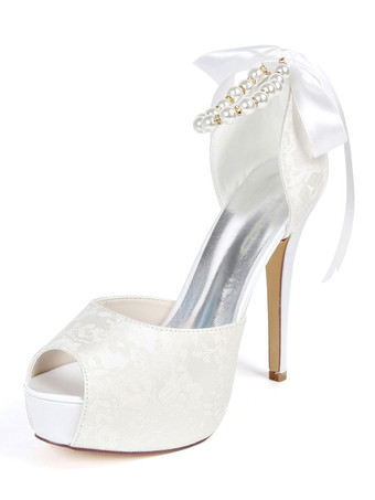 Sandales de mariée bout ouvert talon ivoire en dentelle Chaussures de mariée à lanière décoré de perles