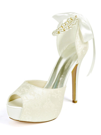 アイボリー 結婚式の靴プラットフォームレースのぞき見つま先真珠4.9 "ブライダルシューズ