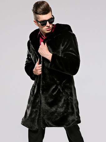 メンズフード付きフェイクファージャケットウィンターコートブラック