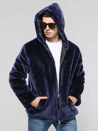 ロイヤルブルーメンズフード付きフェイクファーボンバージャケットファジィウィンターコート