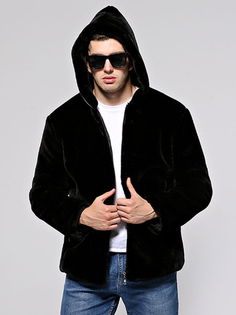 ブラック メンズフード付きフェイクファーボンバージャケットファジィウィンターコート