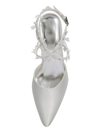 エレガントウェディングシューズサテンアイボリーポインテッドトゥフラワー子猫ヒール2.2 "ブライダルシューズ