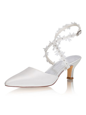 エレガントウェディングシューズサテンアイボリーポインテッドトゥフラワー子猫ヒール2.2 "ブライダルシューズ