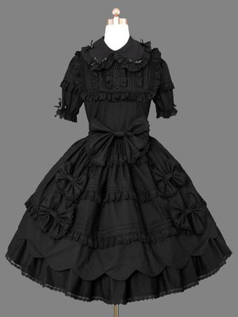 ゴシックロリータカジュアルブラックドレス半袖コットンブレンドロリータドレス