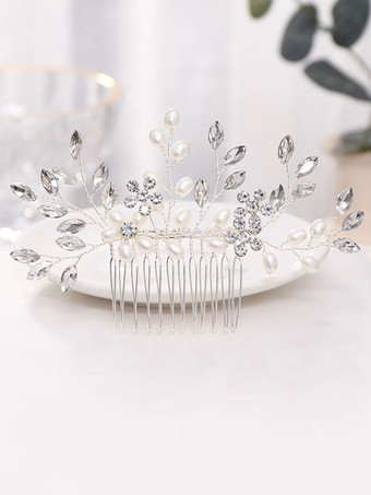 シルバー 結婚式のかぶとの櫛金属パールブライダルヘアアクセサリー