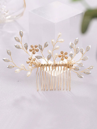 ゴールド 結婚式のかぶとの櫛金属パールブライダルヘアアクセサリー