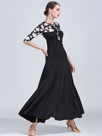 社交ダンスコスチュームブラックシルクフローラルプリントフリル女性ダンサーダンスドレス