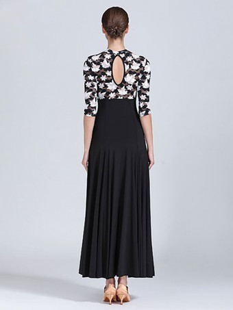 社交ダンスコスチュームブラックシルクフローラルプリントフリル女性ダンサーダンスドレス