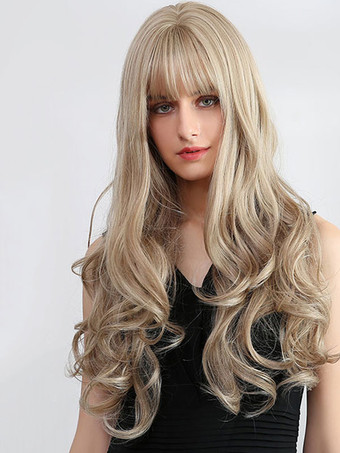 合成かつらライトブラウンフルボリュームカールレーヨンカジュアルロングウィッグ