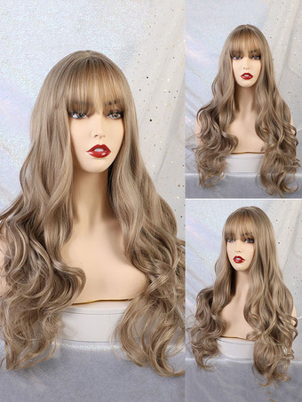 合成かつらライトブラウンフルボリュームカールレーヨンカジュアルロングウィッグ