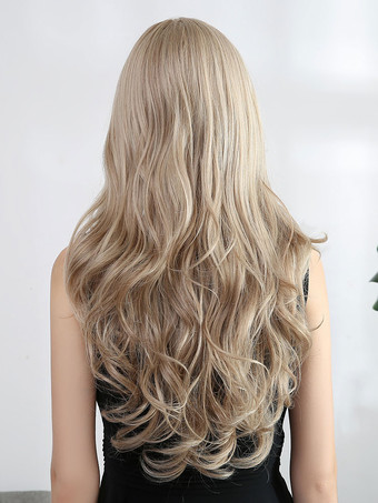 合成かつらライトブラウンフルボリュームカールレーヨンカジュアルロングウィッグ