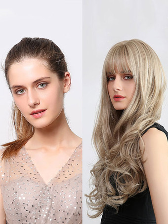 合成かつらライトブラウンフルボリュームカールレーヨンカジュアルロングウィッグ