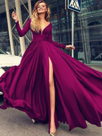 マゼンタイブニングドレス 2025 Aライン Vネック 伸縮性のあるシルクのようなサテン 長袖 プリーツ スプリットフロント フォーマルパーティードレス 無料カスタマイズ