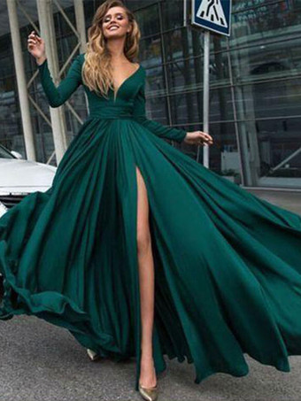 アーミーグリーンイブニングドレス 2025 Aライン Vネック 伸縮性のあるシルクのようなサテン 長袖 プリーツ スプリットフロント フォーマルパーティードレス 無料カスタマイズ