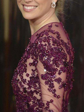 イブニングドレス ラウンドネック Aライン マゼンタ パーティードレス サテン ファスナー ロング丈 長袖 ビーズ フォーマルドレス 演奏会ドレス 結婚式 二次会ドレス 発表会 ウェディング