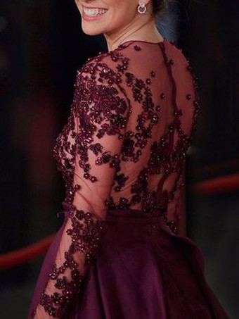 イブニングドレス ラウンドネック Aライン マゼンタ パーティードレス サテン ファスナー ロング丈 長袖 ビーズ フォーマルドレス 演奏会ドレス 結婚式 二次会ドレス 発表会 ウェディング