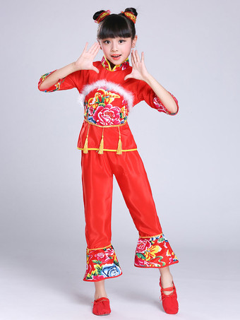 子供の中国の衣装赤い牡丹の花の衣装カーニバル衣装