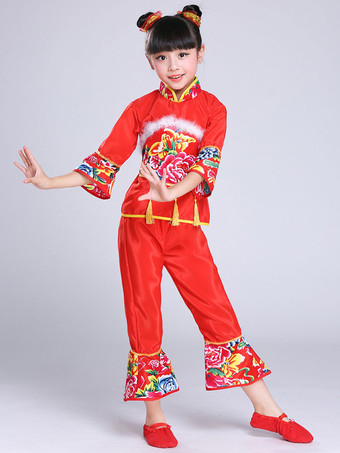 子供の中国の衣装赤い牡丹の花の衣装カーニバル衣装