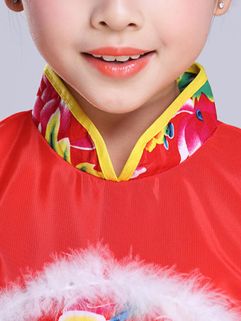 子供の中国の衣装赤い牡丹の花の衣装カーニバル衣装