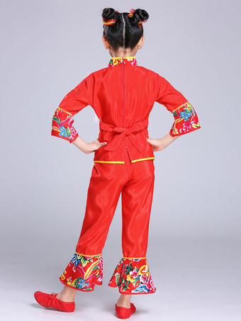 子供の中国の衣装赤い牡丹の花の衣装カーニバル衣装