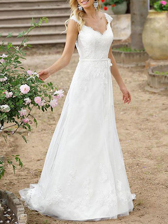 Robe mariée simple col V dos boutonné transparent longueur au sol Robe de mariée