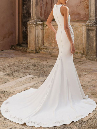 Vestidos de novia sencillos de silueta sirena Vestidos de novia Marfil    sin mangas cintura natural de encaje de elastano de marca LYCRA