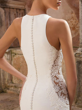 Vestidos de novia sencillos de silueta sirena Vestidos de novia Marfil    sin mangas cintura natural de encaje de elastano de marca LYCRA