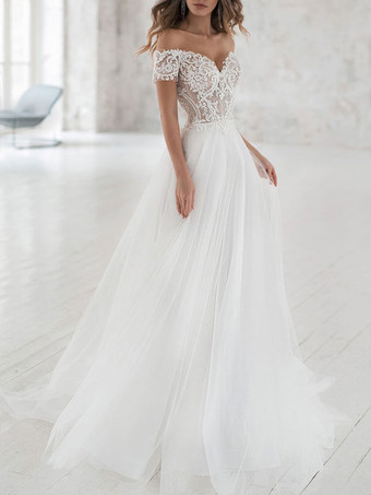 Schlichtes Brautkleid Standesamtkleider Tüll und Reißverschluss A-Linie- Weiß Standesamtkleid