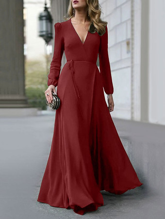 マキシワンピース ダークグリーン 長袖 Vネック レディースロングワンピース