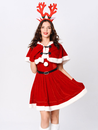 サンタコスプレ衣装 レッド 大人用 ポリエステル 髪飾り グローブ ドレス マント コスチューム コスチューム ホリデーコスチューム