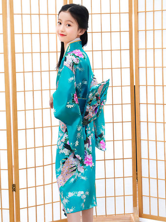 日本の衣装子供用着物シアンブルーポリエステルドレスオリエンタルレディースセット休日コスチューム