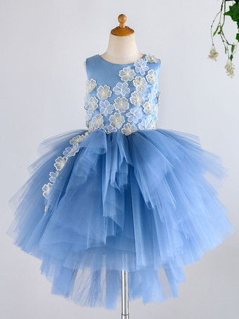 Blumenmädchen Kleider Prinzessin Blau Abendkleider für Hochzeit mit unsymmetrischem Design und Rundkragen Tüll ärmellos kleid blumenmädchen