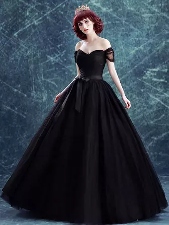 long black and white prom dress Vintage Black princess wedding dresses with Luxurious Ruffless main image 0